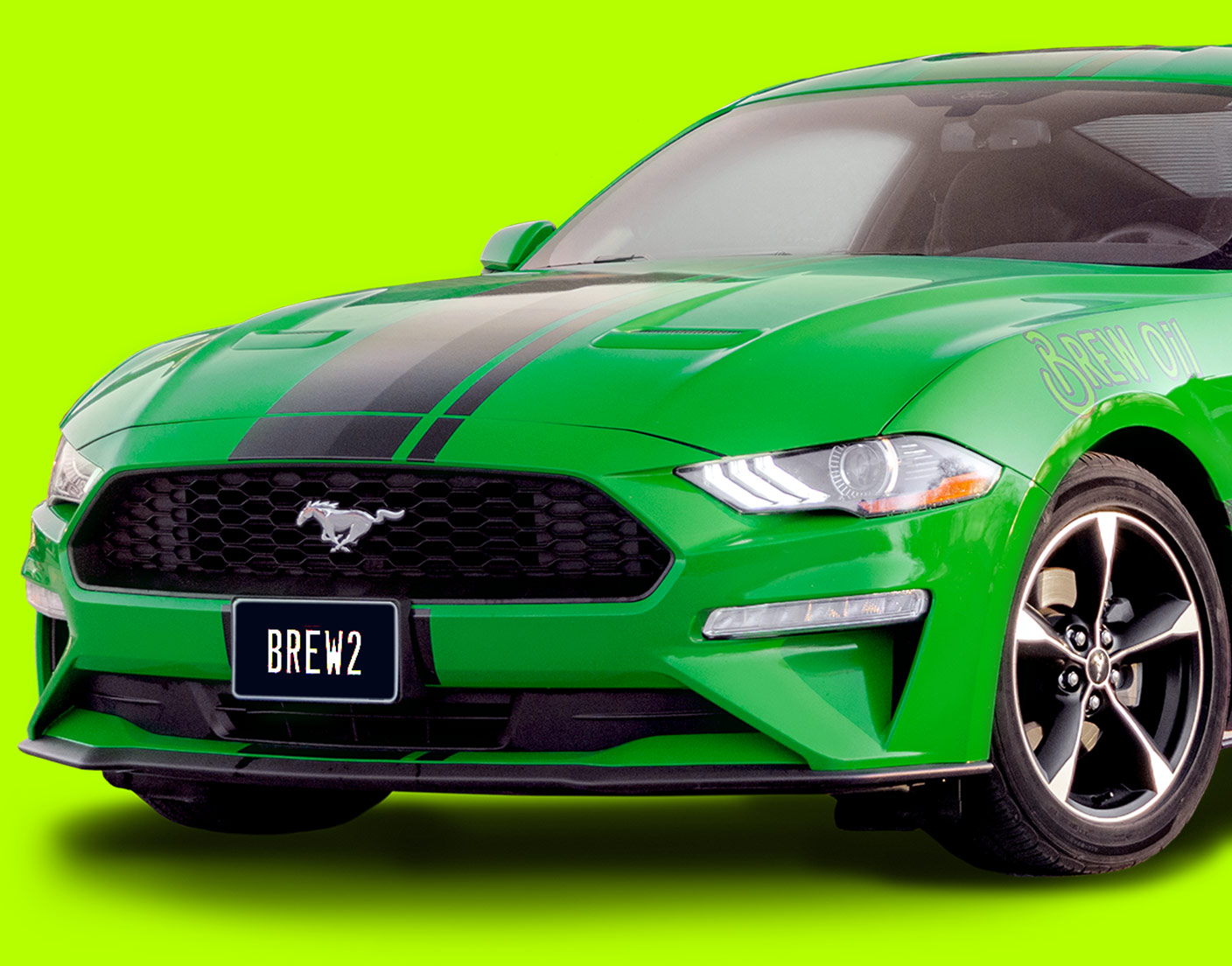 Bright green Mustang at a Brew gas station